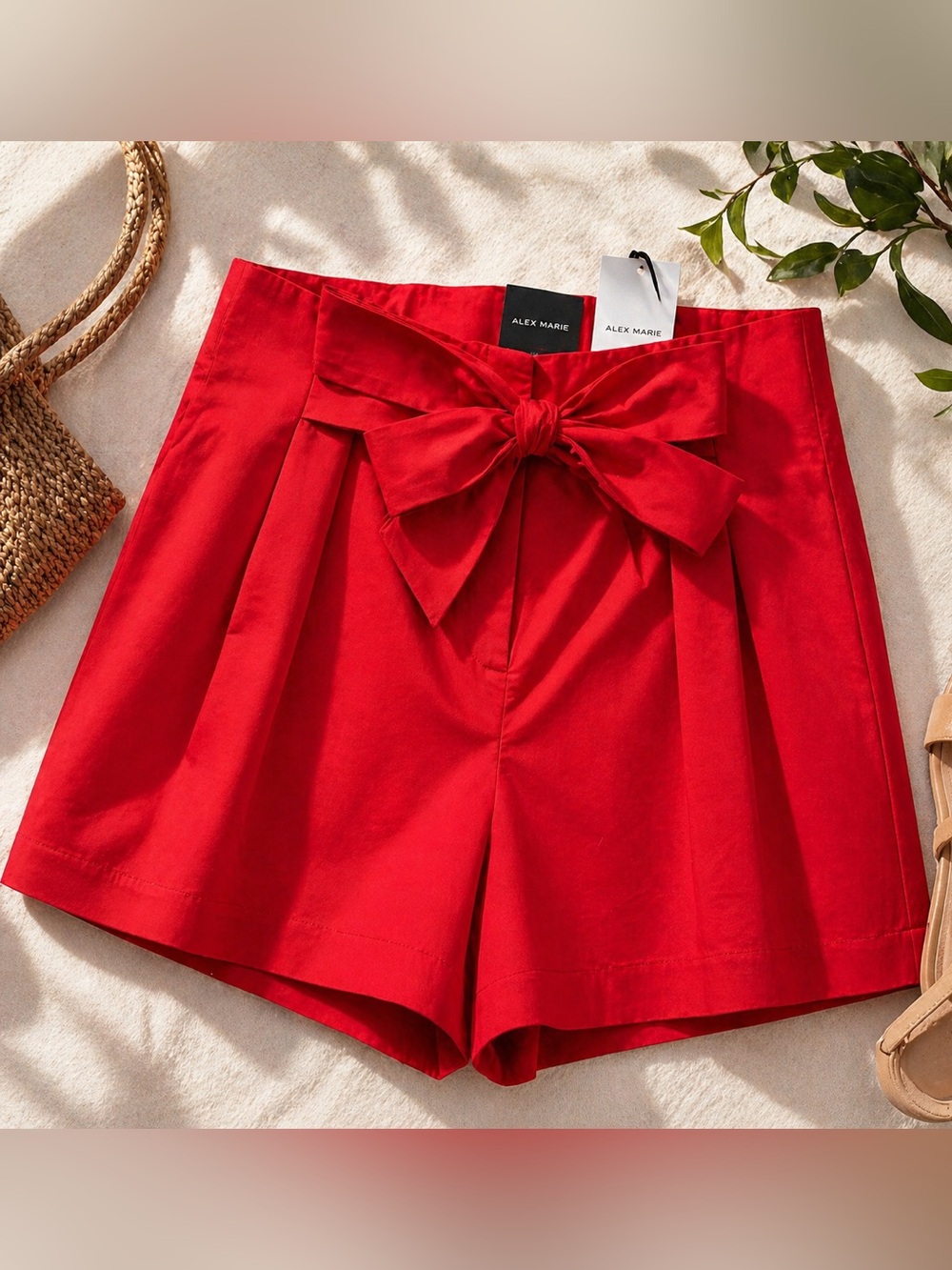 Alex Marie Red Bow Waist Pleated Shorts NWT High Rise Tailored Statement